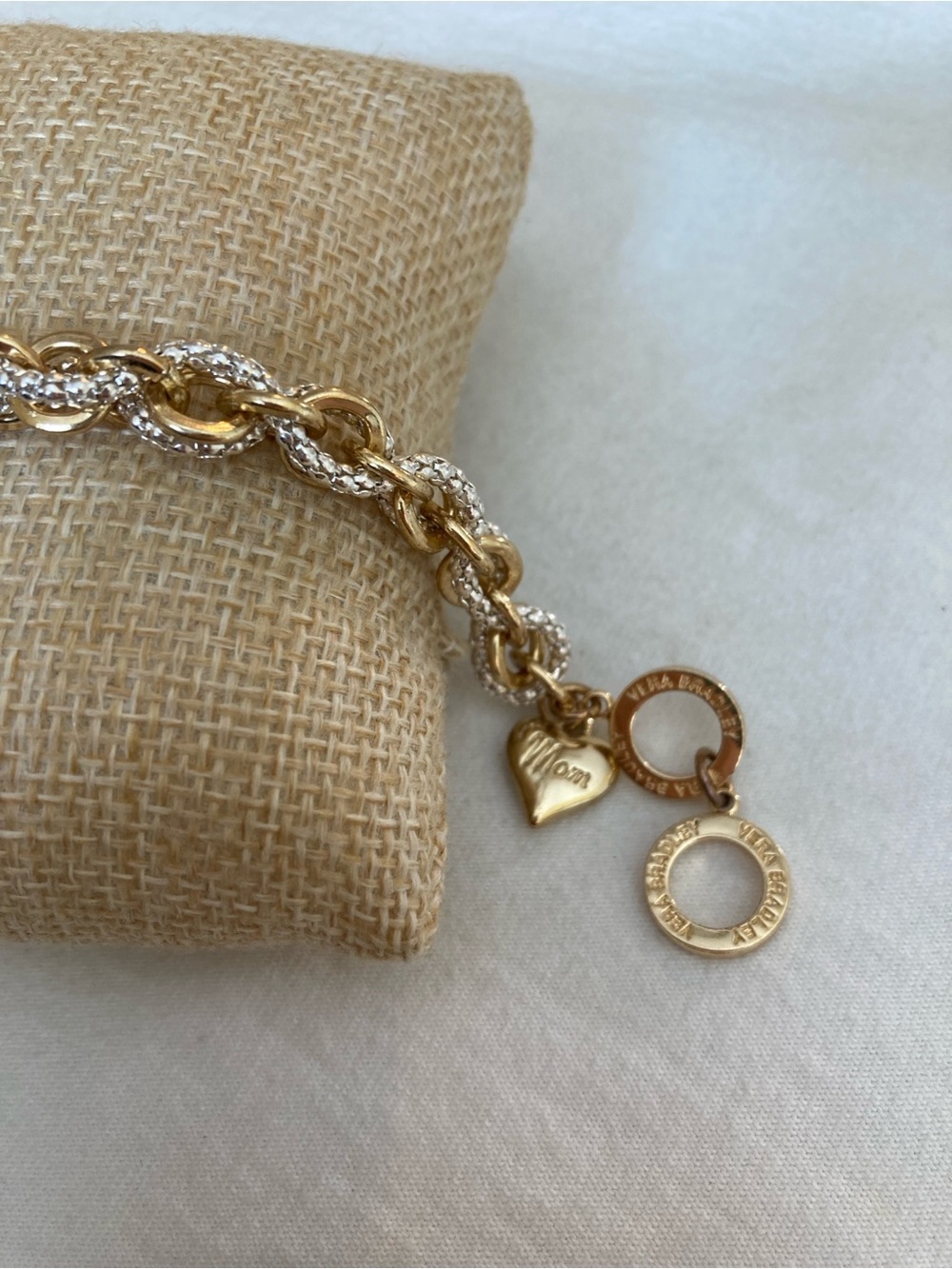 Vera Bradley 2 Tone Chain Bracelet with a Heart “Mom” Charm Love Gift